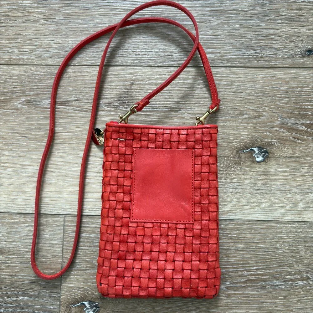 Clare V. Poche Crossbody Bag Bright Poppy Red Woven Leather Phone Pouch - Picture 3 of 4